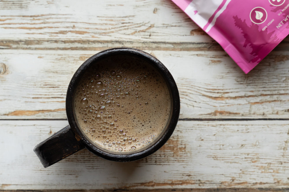 A cup of hojicha tea, brewed to frothy perfection