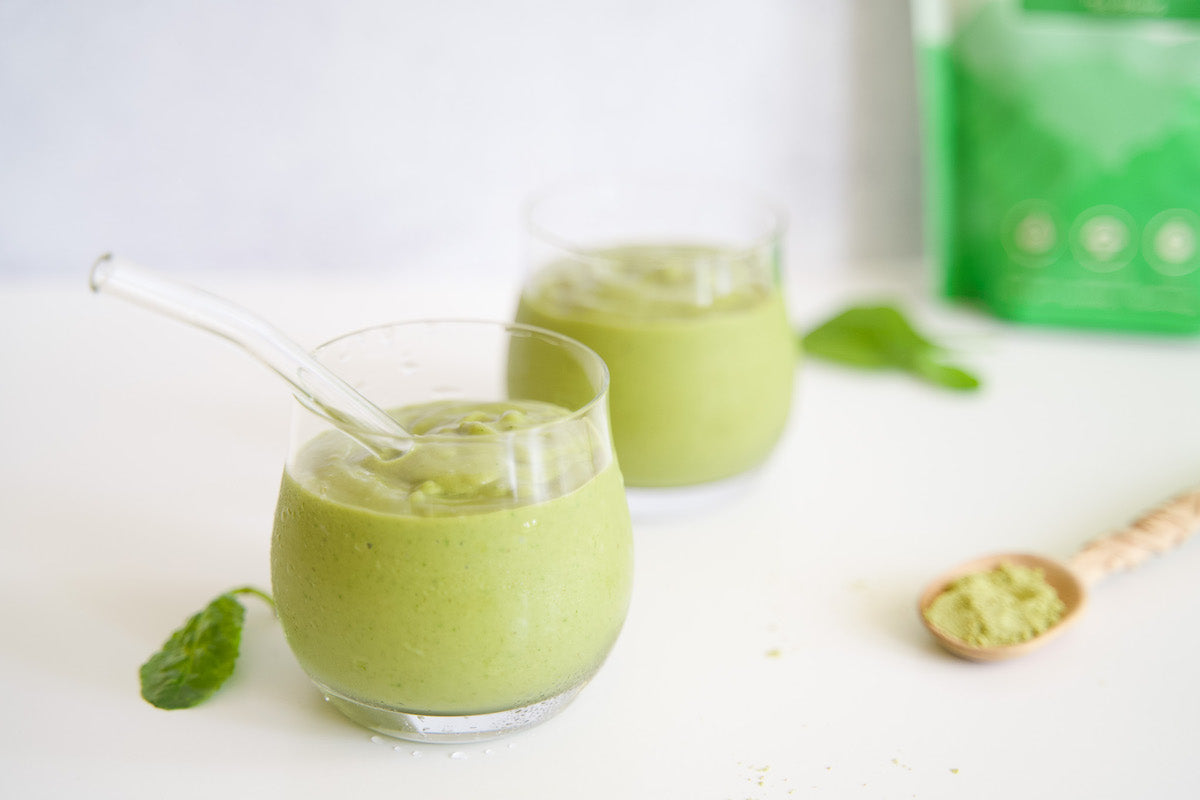 Green matcha morning smoothie with avocado