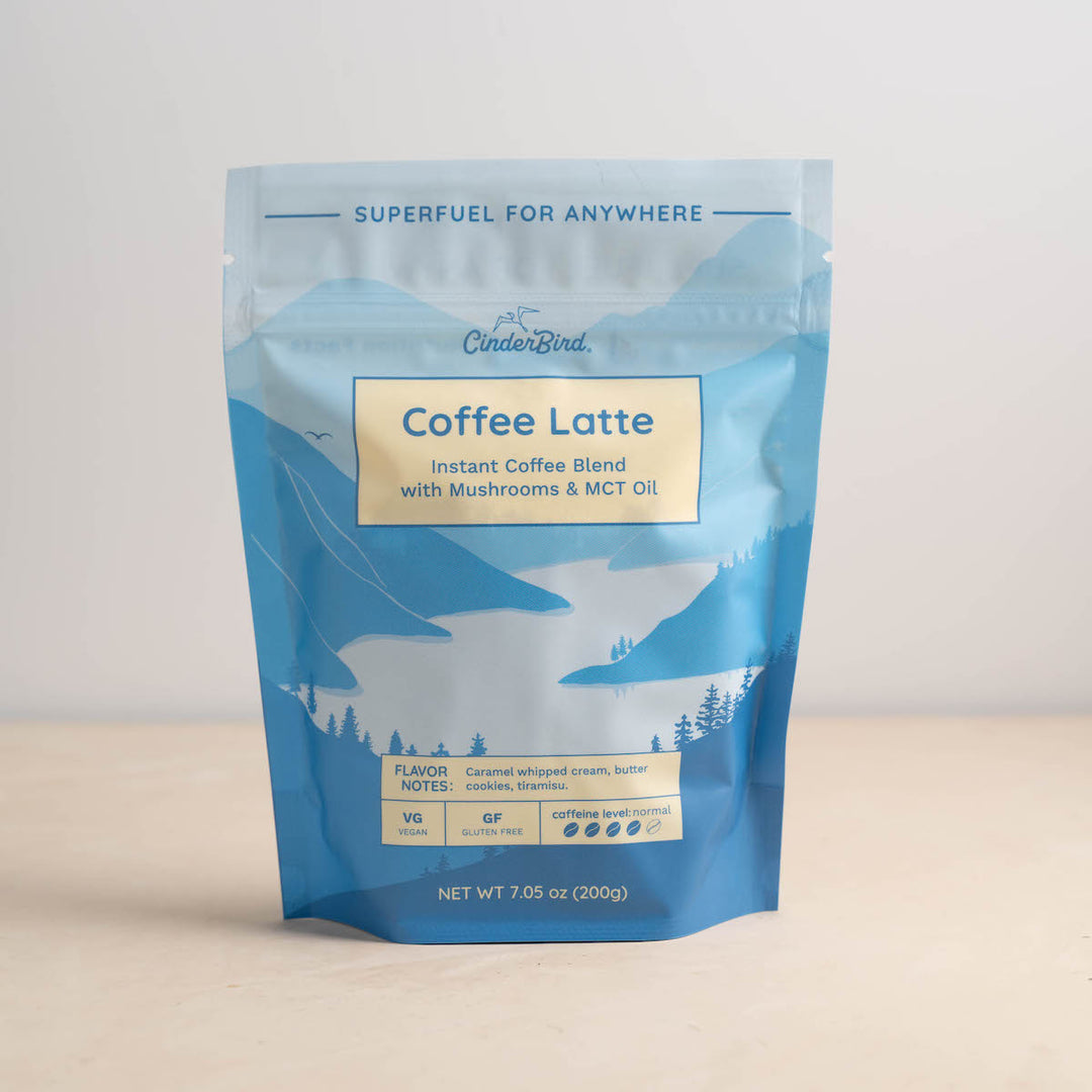 The front label of a mushroom coffee instant latte by CinderBird