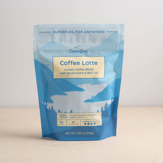 The front label of a mushroom coffee instant latte by CinderBird