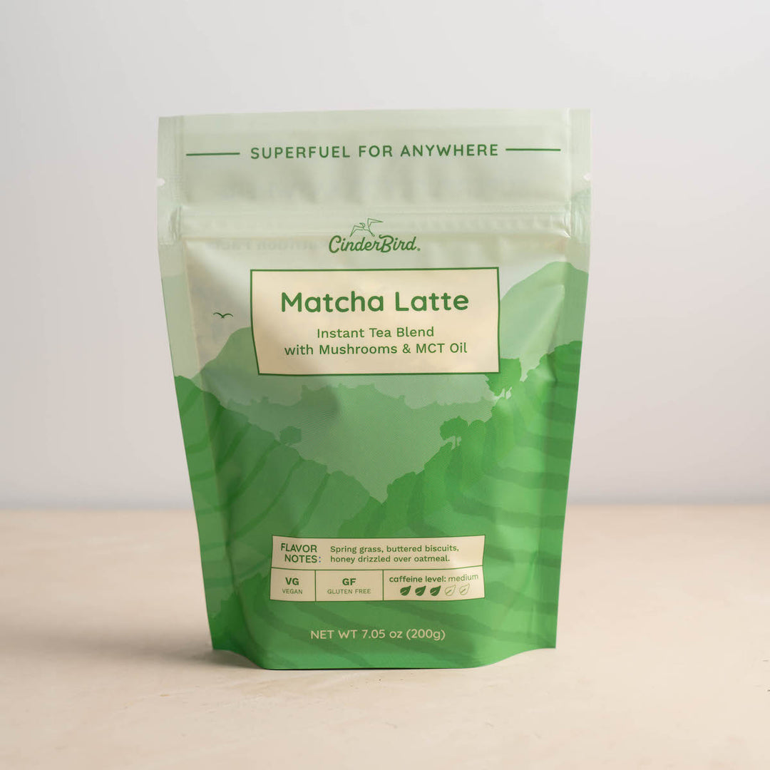 Front label of an Instant Matcha Latte with functional mushrooms