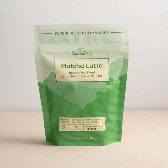 Front label of an Instant Matcha Latte with functional mushrooms