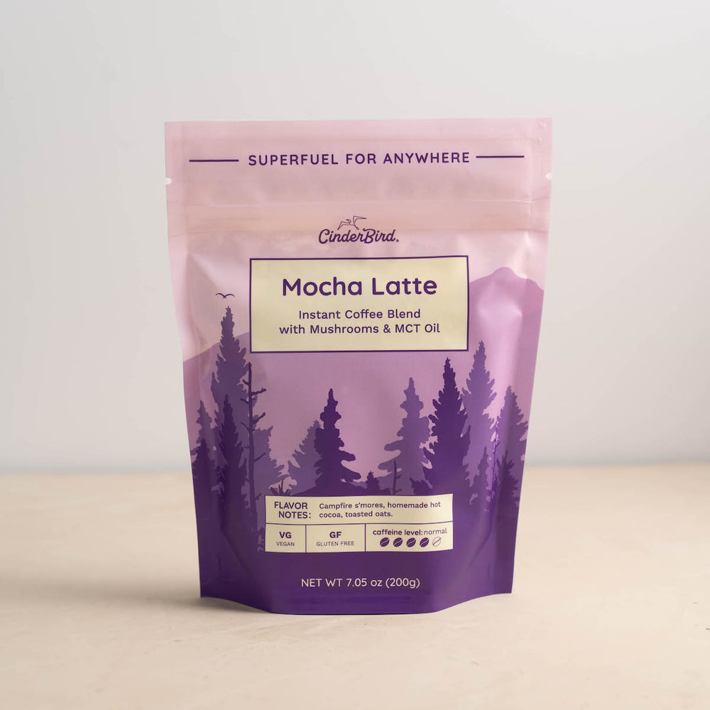 Front label of a Mocha Latte with mushrooms and MCT oil