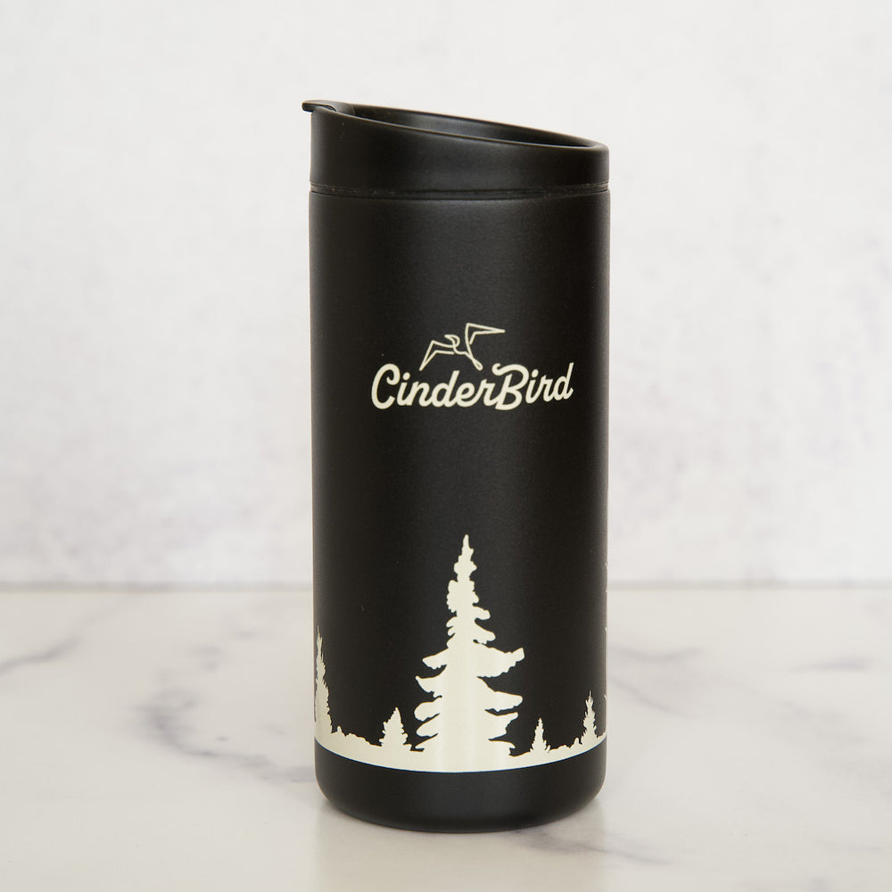 CinderBird travel thermos in black with forest scene