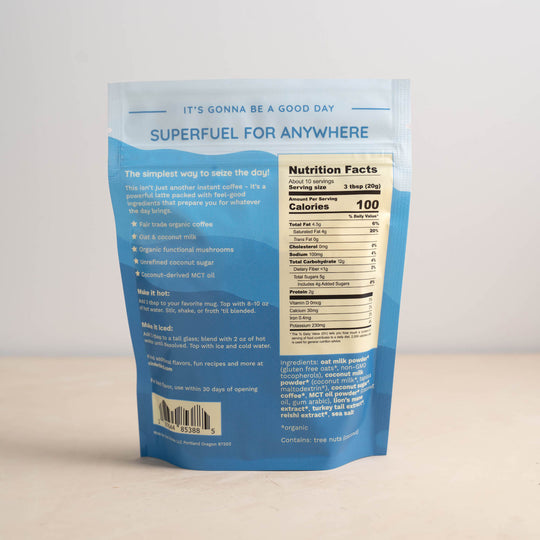 Back panel of Instant Coffee Mushroom Latte with ingredients list