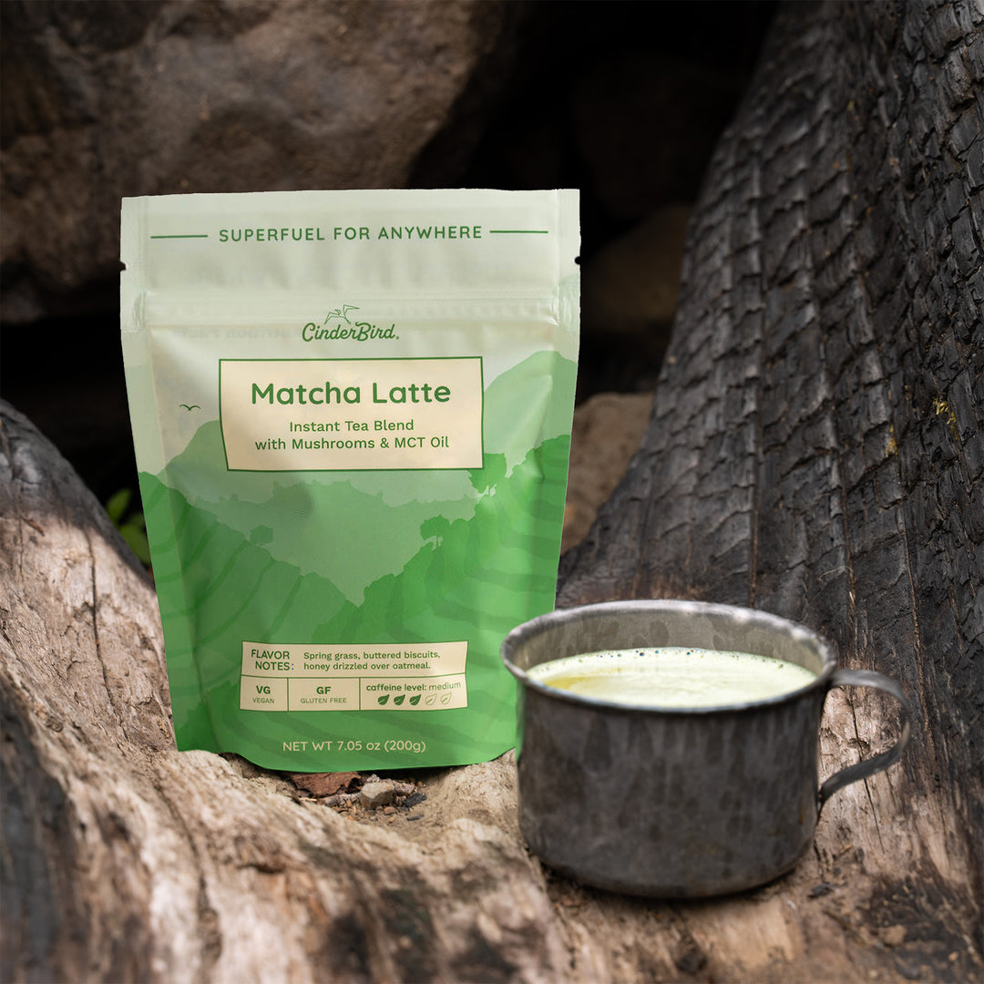 Instant Matcha Latte package shown with a frothy matcha latte