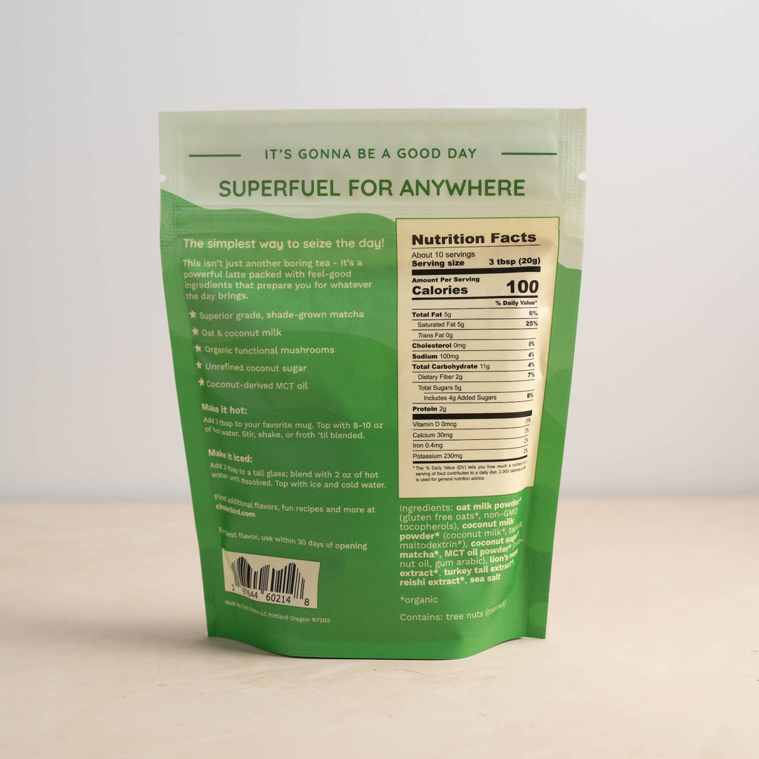 The back panel of a mushroom matcha latte package