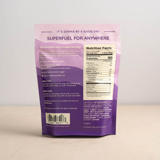 The back label of a mushroom mocha latte