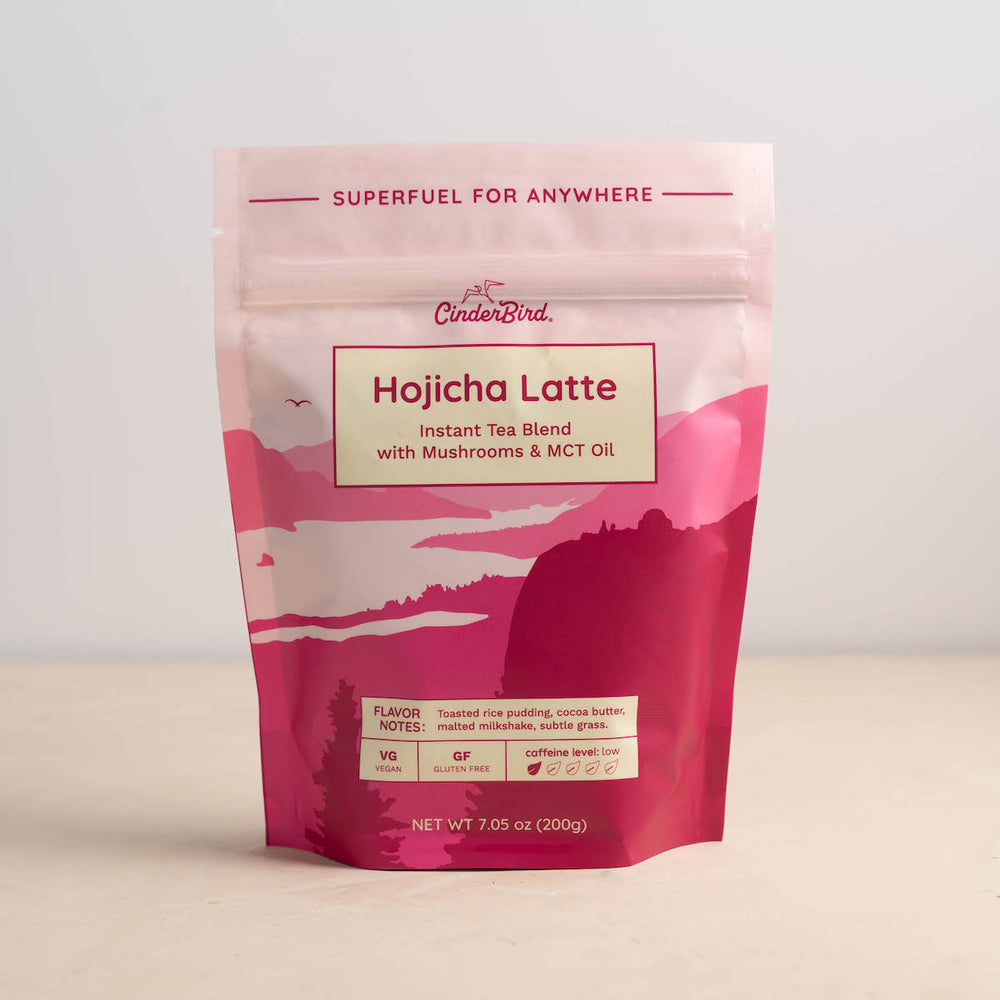 Pink package of Hojicha Latte instant tea blend with mushroom and MCT oil on a light background