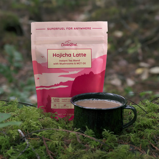 Hojicha latte sitting on a mossy log in the forest