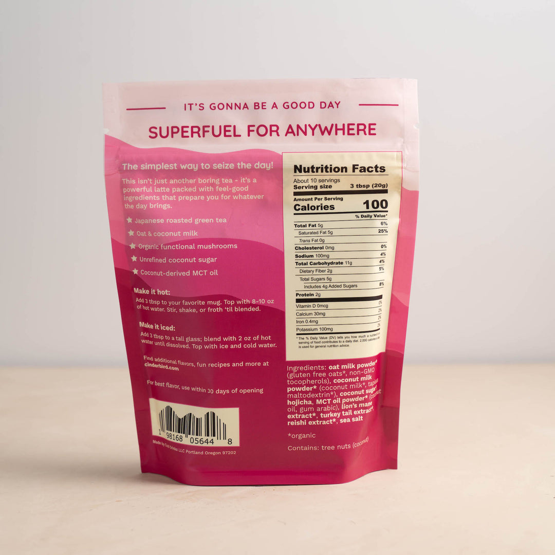 Hojicha latte package with text and nutrition facts on a beige background
