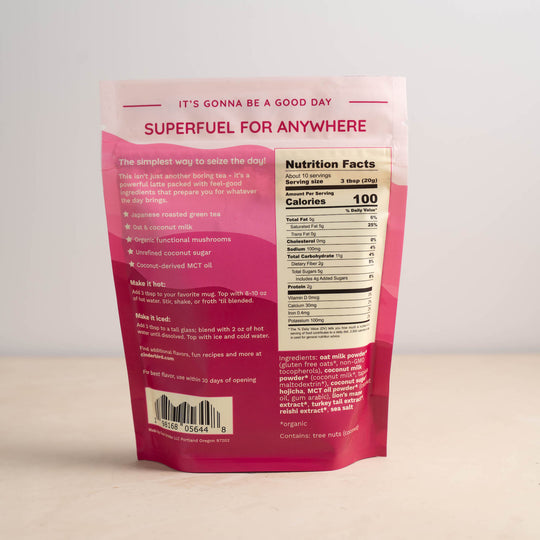 Hojicha latte package with text and nutrition facts on a beige background